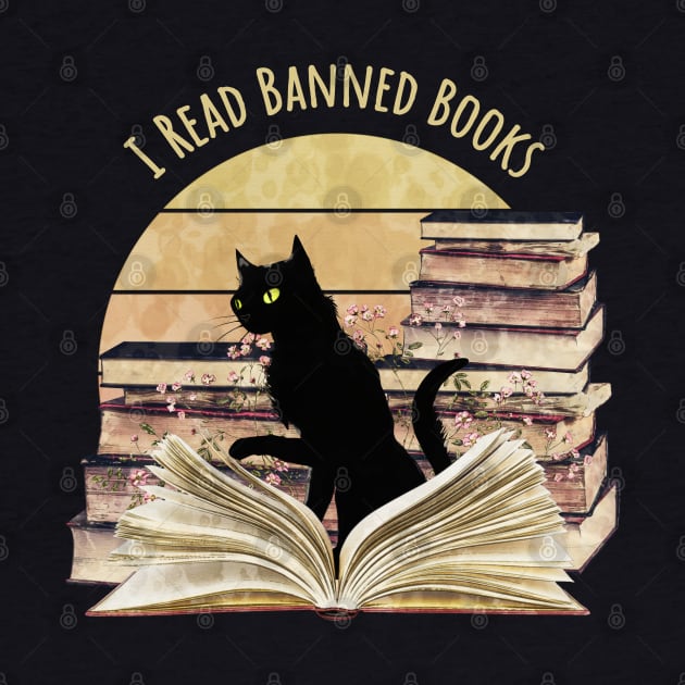 Black Cat reading a banned books, watercolor sunset style, flowers growing from book, cats and books lovers by Collagedream